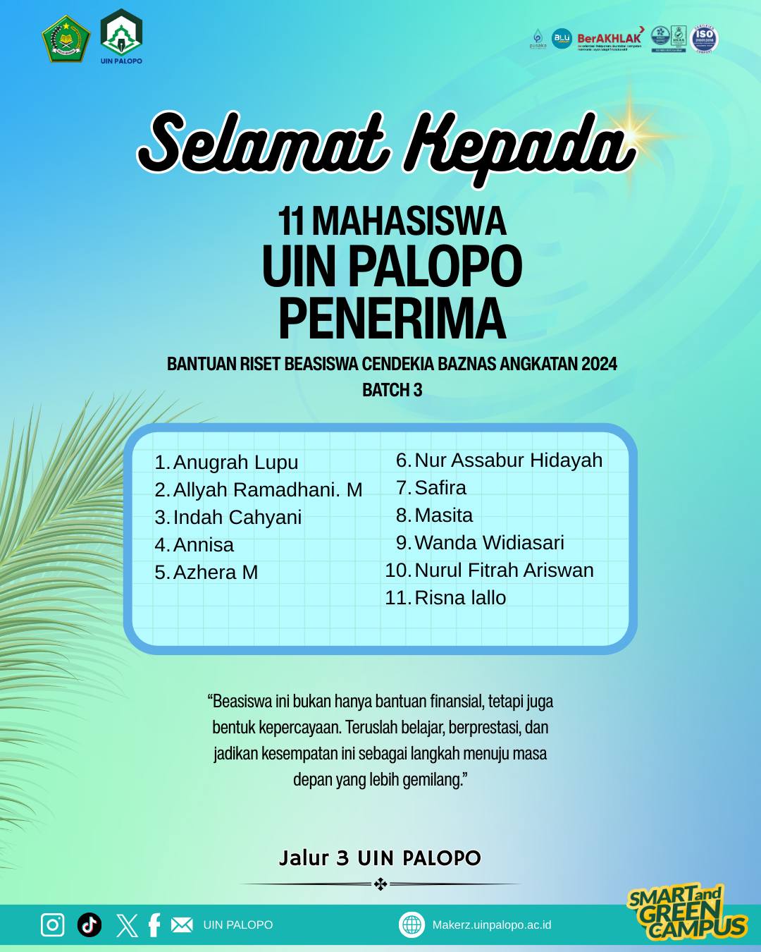 11 Mahasiswa UIN Palopo Lolos Bantuan Riset Beasiswa Cendekia BAZNAS Angkatan 2024 Batch 3