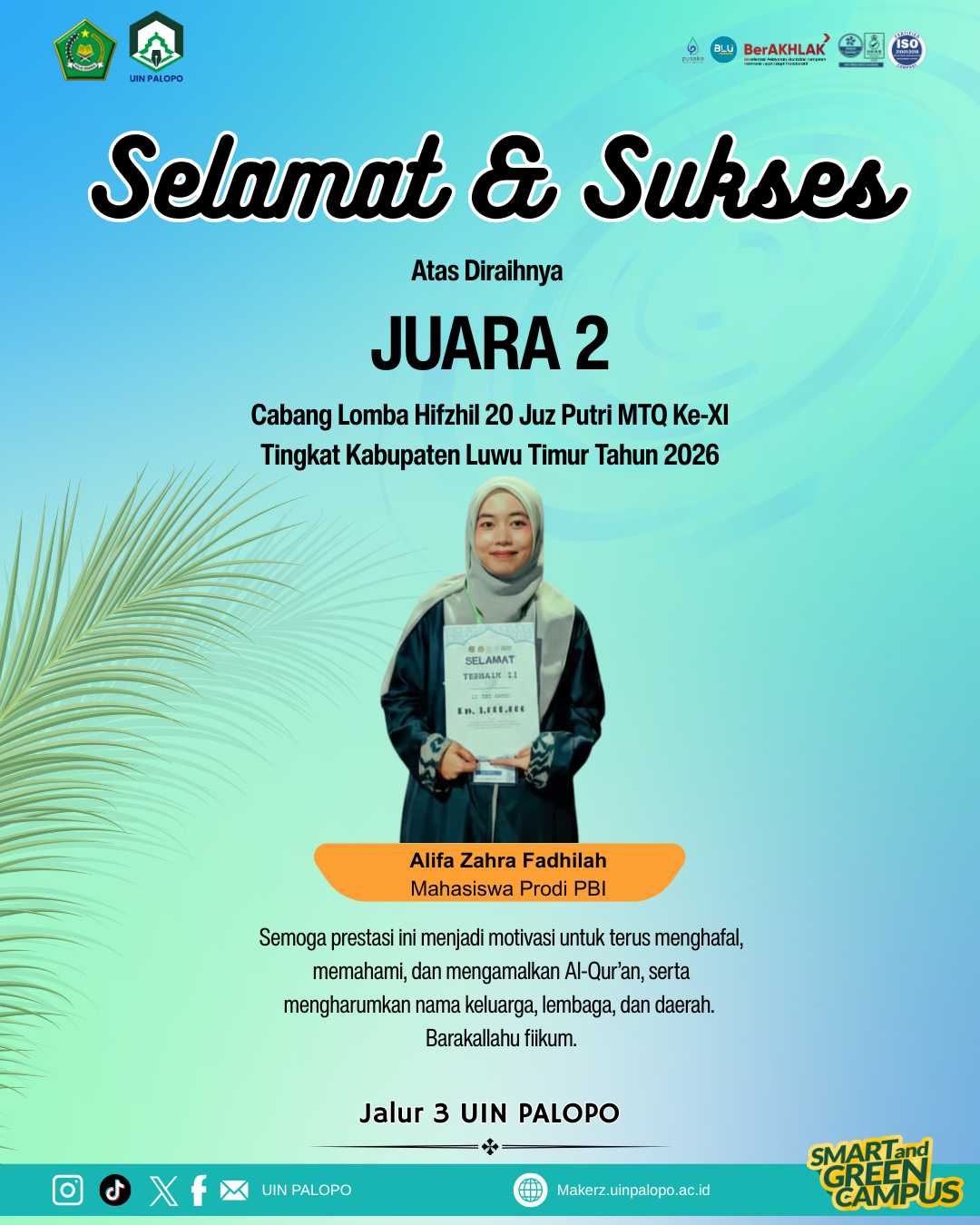 Mahasiswi Universitas Islam Negeri Palopo Raih Juara 2 MTQ Tingkat Kabupaten Luwu Timur 2026